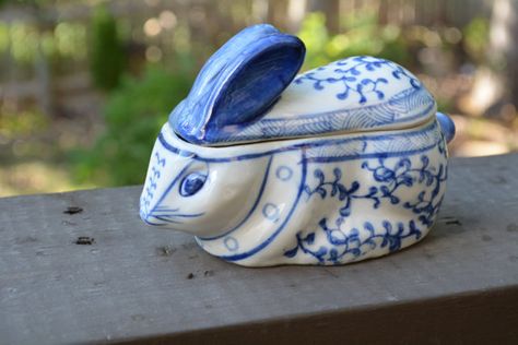 Ceramic Rabbit Asian Delft Trinket Dish by DejaVuHomeInteriors Bunny Ears And Tail, Rabbit Dishes, Porcelain Rabbit, Ceramic Jewelry Box, Ceramic Rabbit, Ears And Tail, Ceramic Bunny, Foil Label, White Bunny