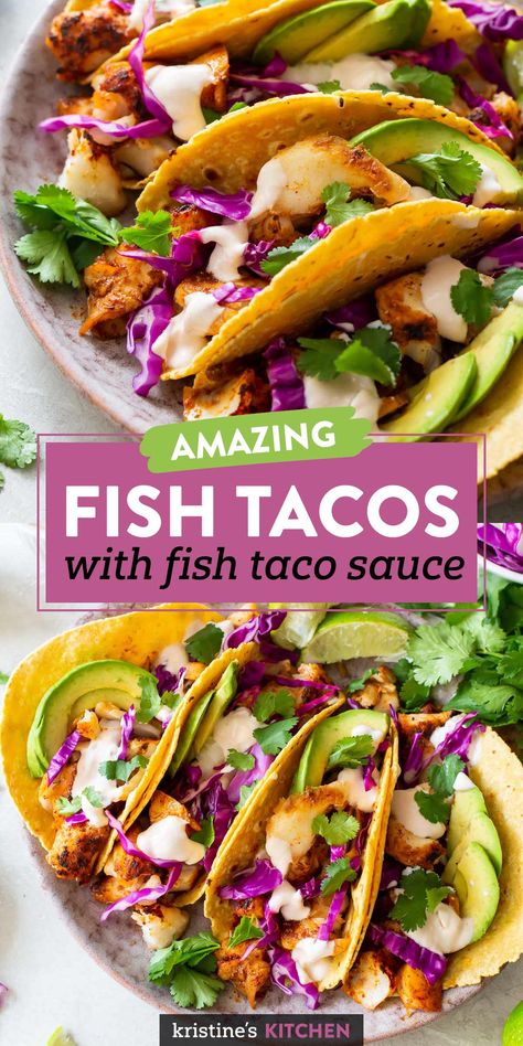 Halibut Tacos Recipes, Halibut Fish Tacos, Best Fish Taco Recipe, Creamy Fish, Best Fish Tacos, Healthy Fish Tacos, Fish Taco Sauce, Easy Fish Tacos, Halibut Recipes