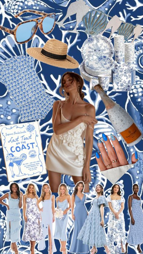 Aesthetic mood board for last toast on the coast themed bachelorette party Beachy Bachelorette Party, Bachelorette Outfit Themes, White Bachelorette Party Outfit, Cruise Bachelorette Party, Bachelorette Matching, White Bachelorette, Miami Bachelorette Party, Bachelorette Party Hat, Last Toast On The Coast