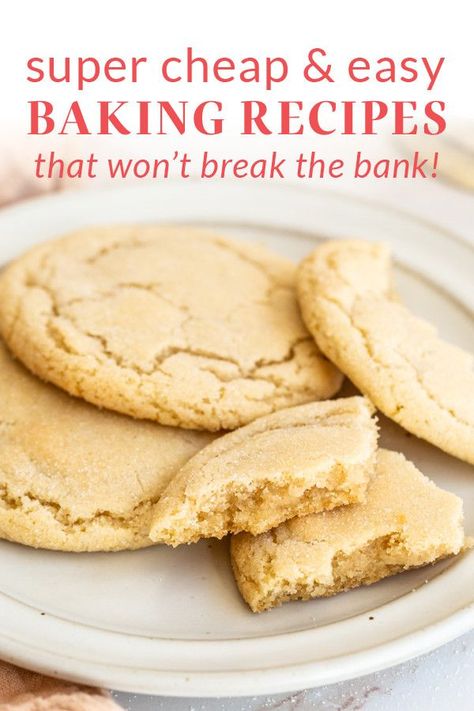 Here are the best cheap & easy baking recipes for baking on a budget! These recipes won’t break the bank and call for ingredients you may already have in your pantry. We’ve got lots of dessert and breakfast recipes, and even a couple savory options too. #cheapbakingrecipes #cheapdesserts #affordablerecipes Cheap Treats For A Crowd, Easy Pantry Dessert Recipes, Cheap Easy Cookie Recipes, Inexpensive Cookie Recipes, Easy Cheap Baking Recipes, Cheap Sweet Recipes, Best Baked Goods For Gifts, Cheapest Cookies To Make, Cheap Baking Ideas