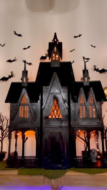 The Happy House by Heather Young on Instagram: "My thrifted dollhouse into a haunted house! 🏚🦇🖤✨🕯 . Sprayed it with 2 cans of regular black spray paint! I’m pretty sure its the castle from Frozen in case you wanted to check your local classifieds! . #diy #beforeandafter #halloween #howihome #myhome #myhomevibe #interiordesign #halloweencrafts #fyp" Frozen Dollhouse Halloween, Frozen Castle Haunted House, Diy Haunted Castle, Haunted Castle Dollhouse, Dollhouse Haunted House Diy, Haunted Doll House Diy, Haunted House Exterior, Diy Haunted House Dollhouse, Halloween Dollhouse Diy