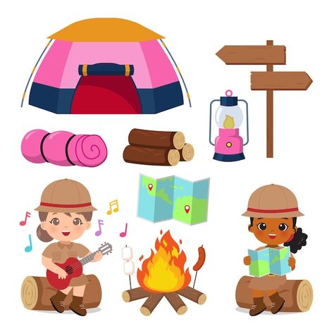 Girl Scout Camping, Scout Camping, Kids Vector, Vector Cartoon, Flat Vector, Camping With Kids, Girl Scout, Summer Art, Girl Scouts