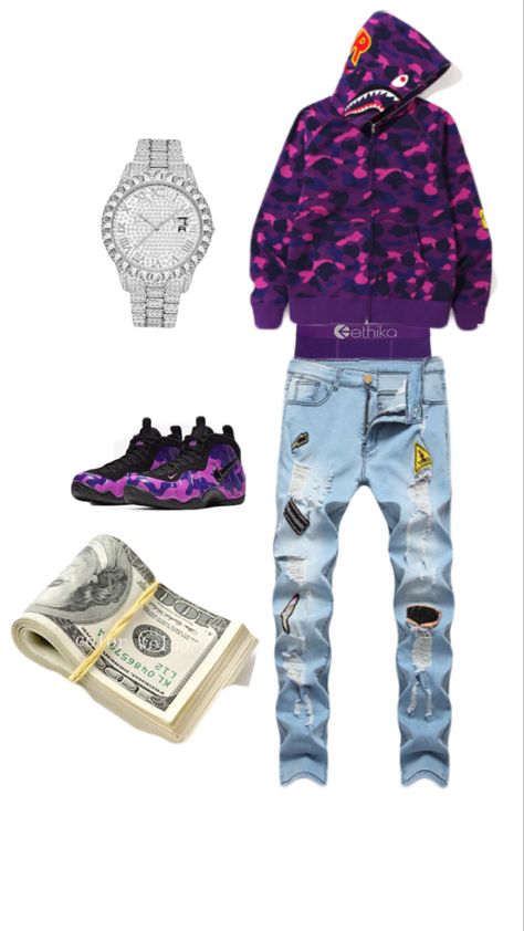 Cheap Drip Outfits Men, Black And Purple Streetwear Outfit Men, Purple Drip Outfits Men, Purple Bape Jacket, Nike Tech Fleece Tracksuit, Bape Full Zip Hoodie, Men Streetwear Outfits, Guys Fashion Swag, Drippy Outfit