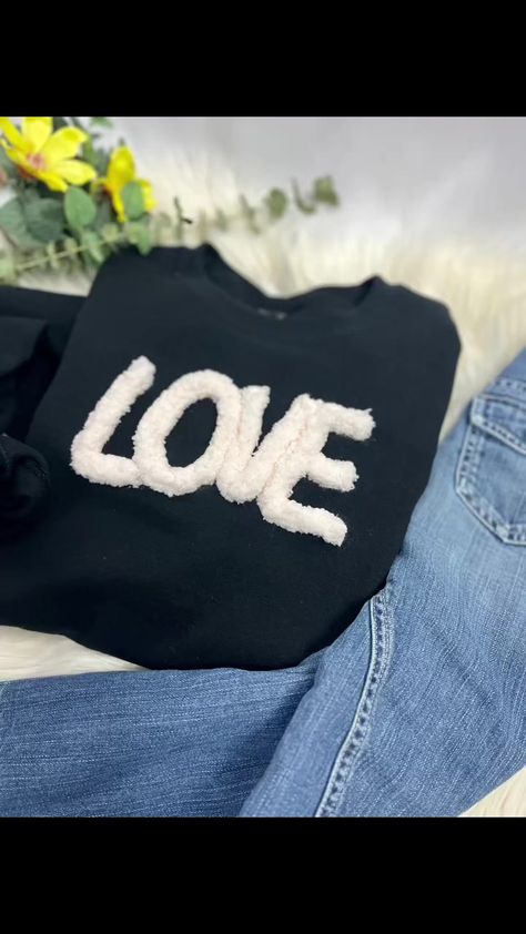 Love embroidered appliqué chenille yarn sweatshirt. | Leary Sewing & Embroidery | Brent Bourgeois · Piano Sketch #3 Chenille Yarn Sweatshirt Diy, Yarn Embroidery On Sweatshirt, Piano Sketch, Yarn Letters, Quilted Sweatshirt, Diy Sweatshirt, Chenille Yarn, Sewing Embroidery, T Shirt Yarn