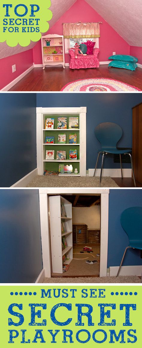 Super Fun Secret Hidden Kids Playrooms! LivingLocurto.com Hidden Door Bookcase, Hidden Spaces, Hidden Rooms, Attic Renovation, Attic Remodel, Secret Door, Attic Rooms, E Mc2, Secret Rooms