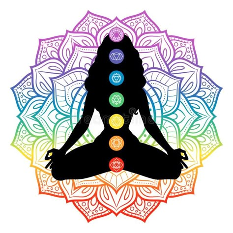 Seven chakras on meditating yogi woman silhouette, vector illustration royalty free illustration Aura Meaning, Aura Orange, Orange Aura, Yoga Kunst, Art Chakra, Chakra Heilung, Arte Yoga, Chakra Alignment, Yoga Logo