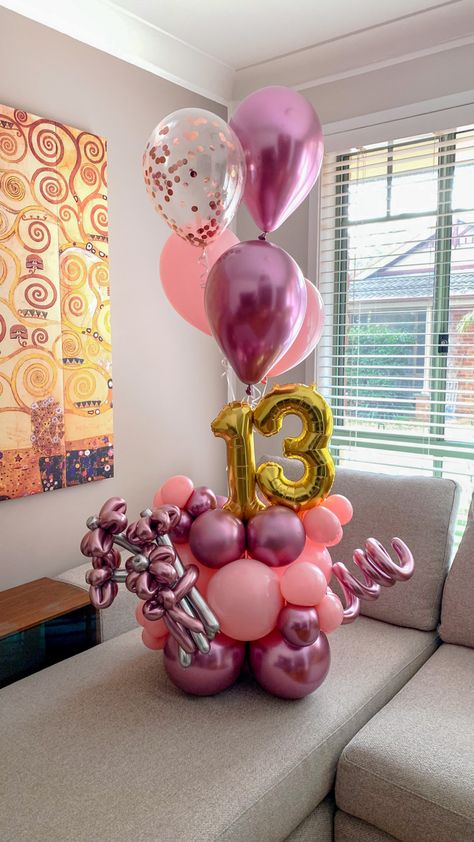 Diy Birthday Wall Decorations, 13 Balloon Bouquet, Balloon Bouquet With Numbers, Pink Purple Gold Balloons, Pink Purple Rose Gold Balloons, Metalic Pink Balloon Garland, Rose Gold Balloon Bouquet, Pink Metallic Balloons, Birthday Decoration Ideas At Home