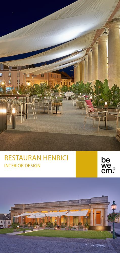 In the former stables of Schloss Esterházy, located in the charming city of Eisenstadt, we've completely redesigned the outdoor area of the popular Restaurant Henrici. The guest garden consists of a three-part seating and lounge concept, extending from the portico under the historic arches into the open-air garden. The materials (brass or terrazzo in grey) underline the restrained, distinguished overall impression. PROJECT_Restaurant Henrici DEPARTMENT_Interior Design LOCATION_Eisenstadt Images Alfresco Restaurant Design, Open Restaurant Seating Ideas, Open Air Lounge Bar, Open Area Restaurant Design, Outdoor Restaurant Seating Design, Outdoor Patio Ideas Restaurant, Outside Seating Area Restaurant, Open Garden Restaurant Design, Restaurant Garden Outdoor