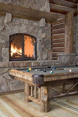 rustic gameroom Pool Table Room, Home Game Room, Ranch Decor, Pool Rooms, Cabin Living, Log Furniture, Log Cabin Homes, Cabin Life, Rustic Living