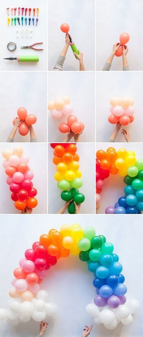 50+ Pretty Balloon Decoration Ideas - For Creative Juice Rainbow Balloon Arch, Balloon Arch Diy, Deco Ballon, Birthday Party Decorations Diy, Unicorn Birthday Party, Party School, Rainbow Balloons, Birthday Balloon Decorations, Birthday Crafts