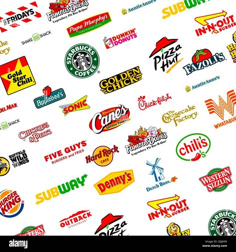 Download this stock image: Logotype collection of most famous Fast-Food, Restaurants and Coffee - 2EJJK09 from Alamy's library of millions of high resolution stock photos, illustrations and vectors. Restaurant Logo Design Ideas Simple, Fast Food Restaurant Logo, Chinese Restaurant Logo, Modern Chinese Restaurant, Fast Food Logo, Logo Design Graphics, Food Logos, Fast Food Logos, Fast Chicken Recipes