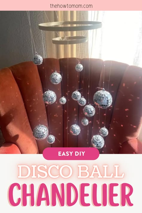 Make A Chandelier, Diy Disco Ball Chandelier, Decorating With Disco Balls, Disco Crafts For Kids, Disco Ball In Nursery, Disco Ball Tree Decor, Disco Ball Chandelier Diy, Disco Ball Nursery, Disco Ball Ideas