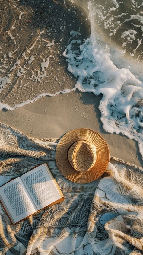 Beach Reading Escape: An open book lies beside a straw hat on a sandy beach washed by gentle waves. #beach #reading #relaxation #waves #sand #aiart #aiphoto #stockcake ⬇️ Download and 📝 Prompt 👉 https://ayr.app/l/DYGJ Beach Waves Pictures, Cozy Beach Aesthetic, Book Beach Aesthetic, Book On Beach, Beach Reading Aesthetic, Summer Book Aesthetic, Beach Flatlay, Books And Beach, Book At The Beach