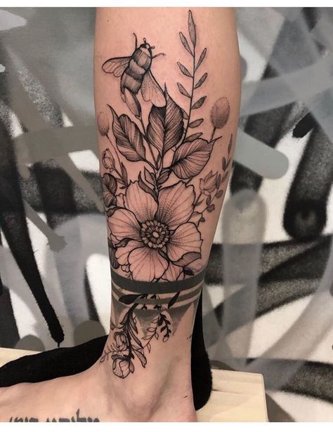 Bees Flowers Tattoo, Flowers With Bees Tattoo, Bee Floral Tattoo, Wrap Around Calf Tattoos For Women, Bee Sleeve Tattoo, Bee And Flower Tattoo, Hawaiian Flower Tattoos, Earthy Tattoos, Girl Thigh Tattoos