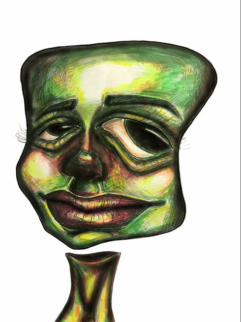 Green deformed happy face drawing Happy Face Mask Drawing, Surreal Face Art, Distorted Faces Art, Funny Portraits Painting, Crazy Faces Drawing, Weird Faces Art, Happy Face Sketch, Distorted Face Drawing, Trippy Face Drawing