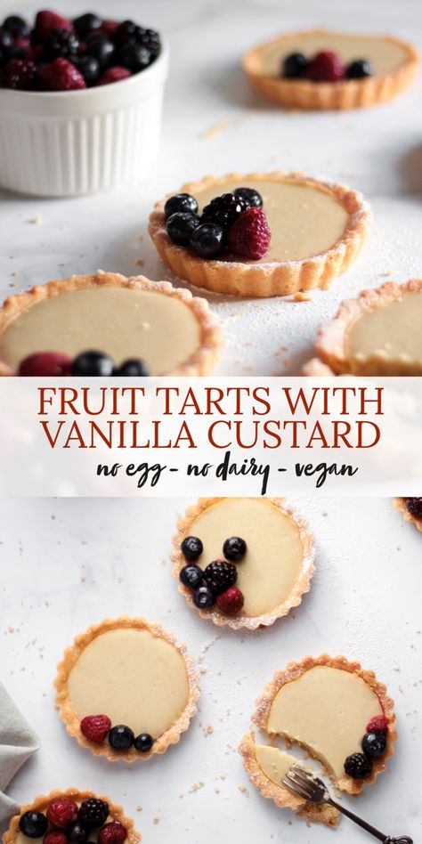 Mini fruit tarts with vanilla custard Small Tarts Desserts, Egg And Dairy Free Desserts, Vegan Tarts Desserts, Eggless Tart Recipe, Mini Vegan Desserts, Vegan Tart Recipes, Christmas Tarts Mini, Vegan Mini Tarts, Dairy Free Tart