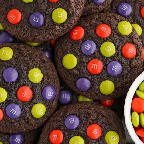 Halloween Chocolate M&M Cookies Chocolate M M Cookies, The Ghoul, Black Cocoa, M M Cookies, Halloween Chocolate, Cooling Rack, Dessert Ingredients, Bittersweet Chocolate, Unsweetened Cocoa