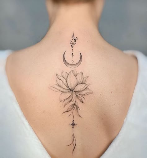 Line Spine Tattoo, Moon Back Tattoo, Fine Line Spine Tattoo, Girl Shoulder Tattoos, Flower Spine Tattoos, Dainty Tattoo, Cool Back Tattoos, Lotus Tattoo Design, Cool Chest Tattoos