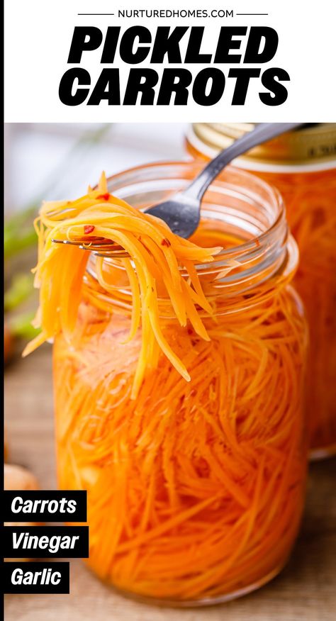 A quick pickled carrot recipe that uses fresh carrots, vinegar, garlic and salt. Quick Pickled Carrots Asian, Pickled Carrots Vietnamese Recipe, Pickled Shredded Carrots Recipe, Pickling Carrots Recipe, Pickled Carrot Salad, Pickle Carrots Recipe, Pickled Shredded Carrots, Vietnamese Carrot Pickle, Thai Pickled Carrots