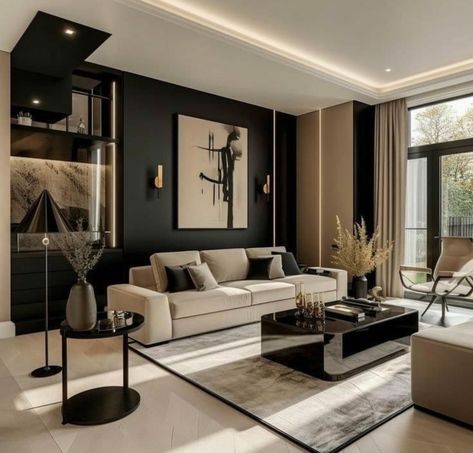 2 Sofas In Living Room Layout, Black And Cream Living Room, Black And Gold Living Room, Home Inspo Living Room, Gold Living Room, Beige Living Rooms, Black Living Room, Home Entrance, Rustic Home Design