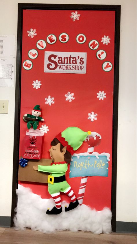 Door decorating contest Santa’s Work Shop Door Decor, Christmas Door Decorating Contest Ideas Hospital, Elf Selfie Door Decoration, Santas Toy Shop Door Decoration, Santa’s Workshop Door Decorating, Elf Workshop Door Decorations, Santa's Workshop Door Decorating Contest, Elves Door Decoration, Santa’s Workshop Classroom Door