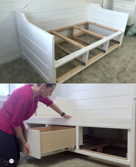 Wooden Daybed Diy, Diy Sofa Daybed, Daybed Diy Twin, Full Size Day Bed Diy, Diy Daybed With Drawers, How To Build A Daybed Frame, Diy Day Bed With Storage, Diy Daybed Frame How To Build, Diy Queen Daybed Frame