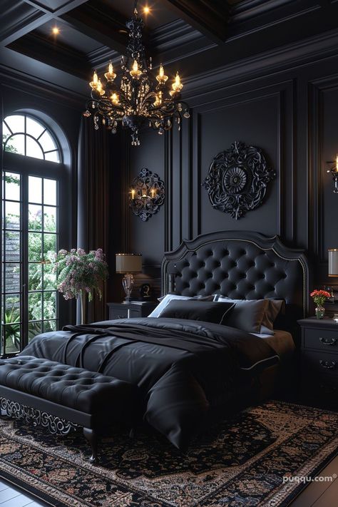 Black Bedroom Ideas for a Modern and Cozy Space - Puqqu Modern Gothic Home, Dark Romantic Bedroom, Black Bedroom Ideas, Goth Bedroom, Black Bedroom Design, Bed Design Ideas, Background Reference, Whimsical Bedroom, Gothic Room