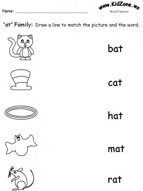 Word families and ideas for teaching them to kids. At Phonics Worksheet, At Words Worksheets Free Printable, Word And Picture Matching, At Word Family Worksheet, At Family Words Worksheet, At Words Worksheets, At Family Words, At Word Family, At Words