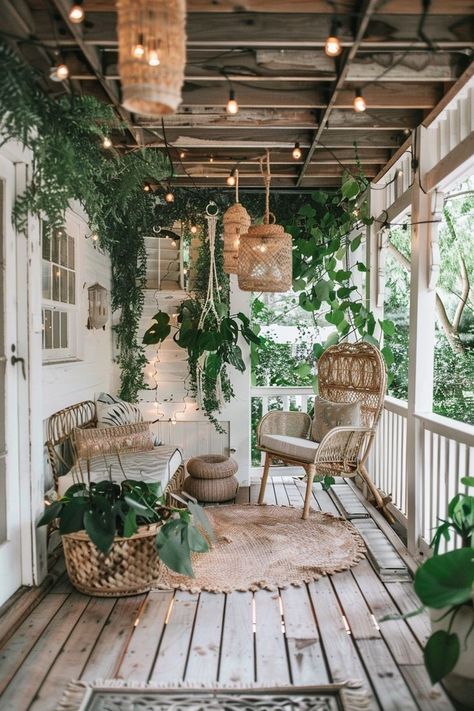 Boho Porch Ideas, Front Porch With Plants, Sun Porch Ideas Enclosed, Boho Porch Decor Outdoor, Midterm Rental, Boho Porch Decor, Boho Front Porch, Tulum House, Bohemian Porch