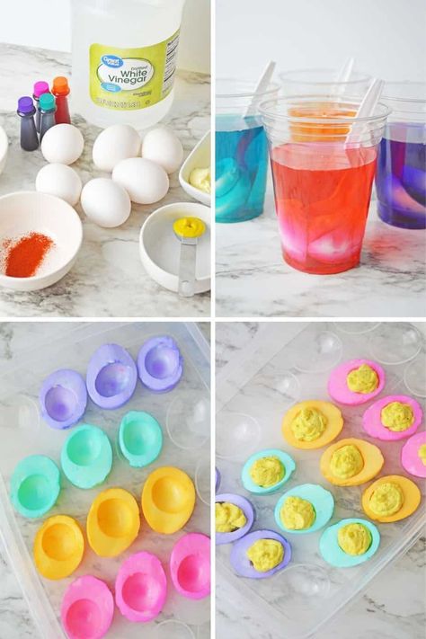 Easter Boiled Egg Ideas, Coloured Deviled Eggs, How To Make Colored Deviled Eggs, Colored Hard Boiled Eggs, How To Color Deviled Eggs, Colored Deviled Eggs How To Make, Jello Deviled Eggs, How To Dye Deviled Eggs, Pastel Deviled Eggs