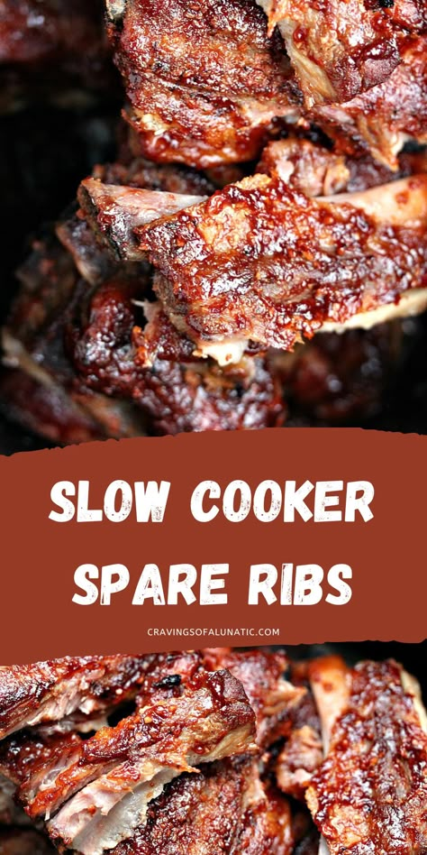 Collage image featuring two close up photos of spare ribs cooked in a slow cooker. Crock Pot Spare Ribs Slow Cooker, Slow Cooker Spare Ribs Recipe, Beef Spare Ribs In The Crock Pot, Slow Cooker Pork Spare Ribs, Spare Ribs In Crockpot Recipe, Spare Ribs In Crockpot, Crockpot Beef Spare Ribs, Slow Cooker Spare Ribs Recipe Crock Pot, Crockpot Spareribs Recipes