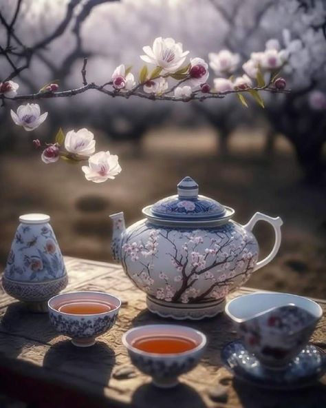 Chinese Tea Room, Asian Tea Sets, Asian Tea, Pretty Coffee, Tea And Books, Cherry Blossom Season, Still Life Photos, Wallpaper Nature Flowers, Eastern Art