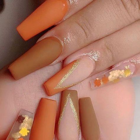 Burnt Orange Fall Nails, Orange Fall Nails, Green And Burnt Orange, Tan Nails, Orange Nail Designs, Brown Nails Design, Orange Nail, Thanksgiving Nail Designs, Fall Nail Trends