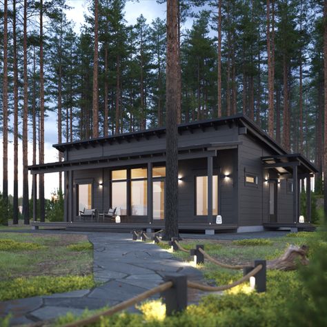 In the Honka Naava model, an efficient floor plan is combined with modern architecture. The heart of the cabin is Naava's spacious living room/kitchen, with light streaming through high windows. A landscape window allows you to enjoy the surrounding nature from the bedroom. Naava, which has a shed roof, is easy to vary by, say, mirroring the structure with a sauna building on the ‘landscape’ side. Shed Style Roof, Shed Roof Exterior, Modern Small Cabin, Small Modern Exterior, How To Build A Basement, Shed Roof Homes Designs, Shed Roof House Design, She’d Roof House, Modern Tiny Cabin