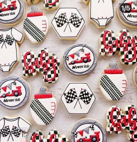 Go Kart Cookies, Race Car Themed Cookies, Race Car 1st Birthday Cookies, Checkered Flag Cookies, Formula 1 Cookies Decorated, Race Car Sugar Cookies, F1 Baby Shower Theme, Race Car Cookies Decorated, Formula 1 First Birthday