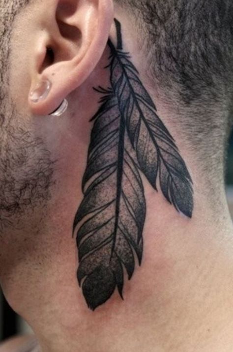 Native American & Indian Tattoos - Meaning & Cool Examples Feather Tattoo Behind Ear, Mandala Neck Tattoo, A Feather Tattoo, Native American Feather Tattoo, Feather Tattoo For Men, Tattoo Behind The Ear, Eagle Feather Tattoos, Native American Tattoo Designs, Indian Tattoo Design