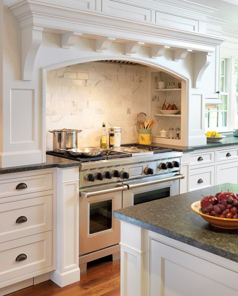 Built by Kells Construction; Architecture by Jan Gleysteen Architects; Photography by Richard Mandelkorn Kitchen Mantle, Farmhouse Kitchen Shelves, Lake House Kitchen, Cape House, Kitchen Cabinets Decor, Kitchen Stove, Kitchen Redo, Traditional Kitchen, Kitchen Shelves