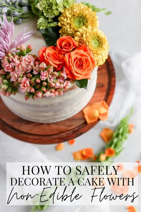 Ever wondered how to decorate a cake with flowers safely? Read these tips from a professional to learn how, and you’ll be making beautiful cakes in no time!  Try out this cake decorating tip for beginners.  #frostingandfettuccine Decorate Cake, Cake Decorating Flowers, Decorate A Cake, Floral Cakes, Cake With Flowers, Lemon Poppyseed Cake, Poppy Seed Cake, Fresh Flower Cake, Cake Inspo