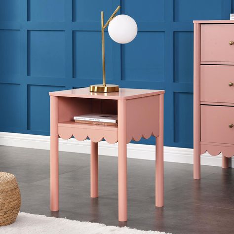 Henley Pink Scalloped Edge Bedside Table | daals Modern Bedroom Wardrobe Ideas, Girl Bedside Table, Bedside Table Ikea, Modern Bedroom Wardrobe, Bedside Table Styling, Bedroom Wardrobe Ideas, Kids Bedside Table, Pink Bedroom Design, Chest Bedside Table