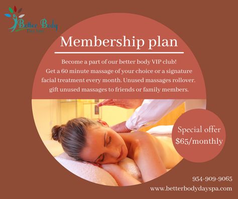 Join our membership plan! Enjoy several benefits and exclusive prices on our services! For any further questions about our membership give us a call at 954-909-9065 and we'd be more than happy to answer them! Massage Membership Ideas, Spa Membership Ideas, Massage Promotion, Membership Ideas, Therapy Business, Massage Therapy Business, Popular Podcasts, Best Audiobooks, Better Body