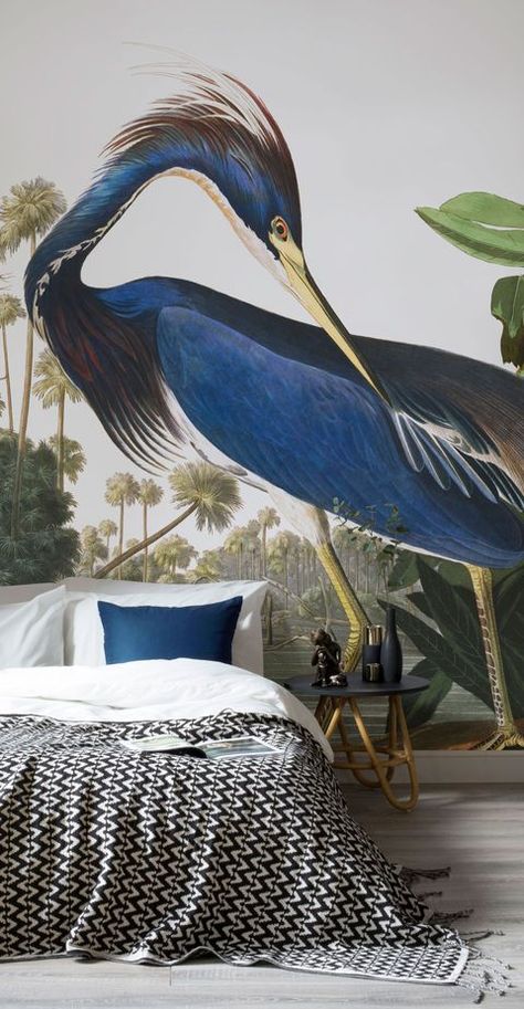 The Audubon Collection - birds - Murals Wallpaper. Illustrations by J.J. Audubon, The Birds of America Bird Wallpaper Bedroom, 3d Wall Painting, Bedroom Blue, Birds Of America, Classic Bedroom, Bird Wallpaper, Trendy Wallpaper, Trendy Bedroom, Blue Heron