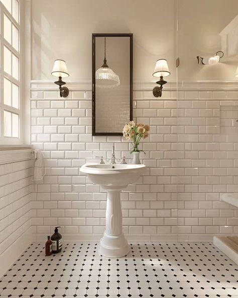 Vintage Style Shower Tile, New Vintage Bathroom, 1920 Inspired Bathroom, Modern Vintage Bathroom Ideas Master Bath, Small Colonial Bathroom, Retro Bathroom Tile Ideas, 1900 Bathroom Ideas, Historic Bathroom Tile, 1920 Tile Bathroom