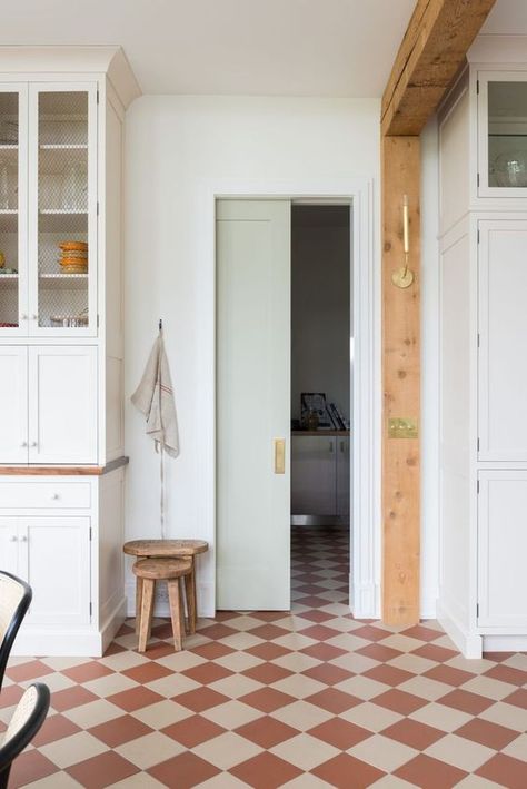 Iphone Pic, Checkerboard Floor, Wood Beam, Charming Kitchen, Casa Vintage, Interior Photo, Pocket Doors, Cheap Home Decor, Home Staging