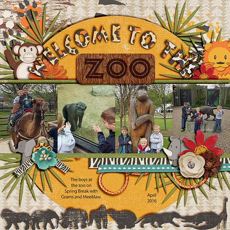 Welcome+to+the+Zoo - Scrapbook.com I like the header. Zoo Pictures, Baby Boy Scrapbook, Scrapbook Collection, Scrapbook Layout Sketches, Kids Scrapbook, Digital Scrapbooking Layouts, Disney Scrapbook, Scrapbook Page Layouts, The Zoo