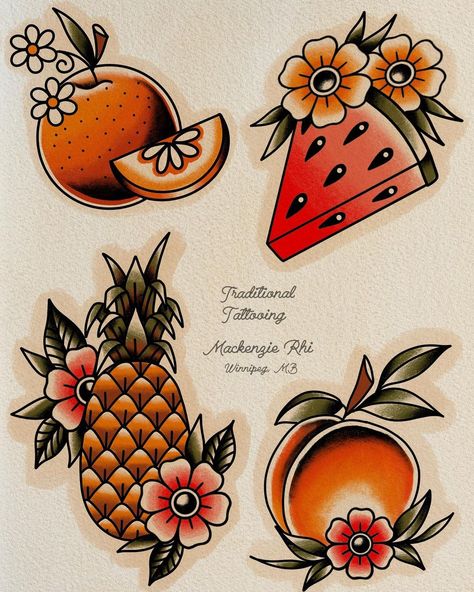 Tropical Traditional Tattoo, Traditional Watermelon Tattoo, American Traditional Fruit Tattoo, Fruit Flash Tattoo, Nectarine Tattoo, Traditional Peach Tattoo, Summer Flash Tattoo, Traditional Fruit Tattoo, Fruits Tattoo