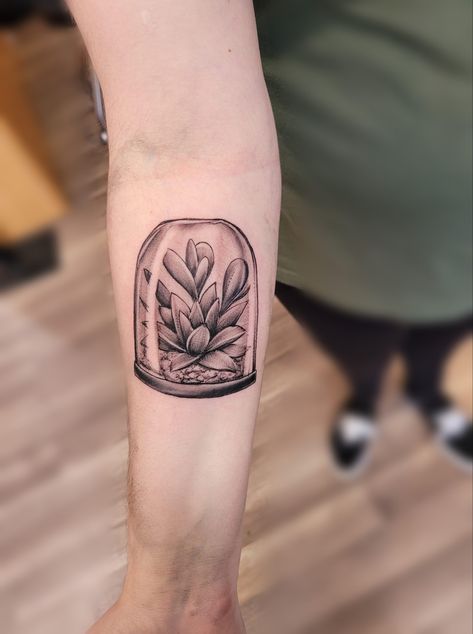 Small Succulent Tattoo, Terrarium Tattoo, Terrarium Tattoo Ideas, Black Succulent Tattoo, Houseplant Sleeve Tattoo, Black And Grey Succulent Tattoo, Bug And Plant Tattoos, Gap Filler Tattoo, Succulent Tattoo