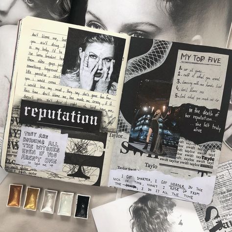 𝐊𝐫𝐢𝐬𝐭𝐲𝐧𝐚 na Instagramu: „requested reputation journal spread!🐍🖤 hope you like it! had so much fun with this one❤️‍🔥 . . . #taylorswiftreputation #reputation #reptour…“ Taylor Swift Book, Music Journal, Bulletin Journal Ideas, Pretty Journals, Scrapbook Book, Bullet Journal Aesthetic, Art Journal Therapy, Diary Ideas, Bullet Journal Writing