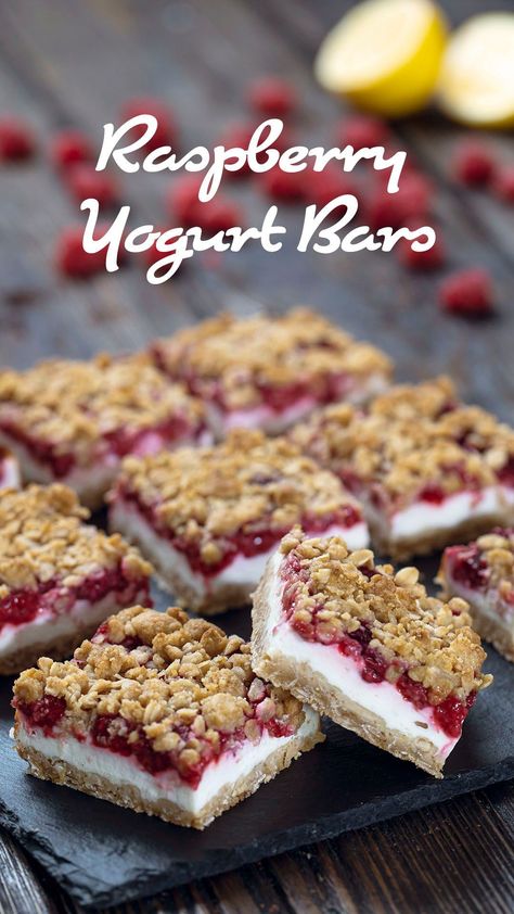 These Raspberry Yogurt Bars are one of the most delightful summer desserts, so refreshing and full of raspberry and lemon flavor.  The addition of Greek yogurt makes these crumble bars even more balanced as the creamy yogurt complements so well with the crust and crispy crumble on top. #raspberrybars, #yogurtbars Yogurt Bars Recipe, Oatmeal Raspberry, Desserts Board, Greek Yogurt Dessert, Chesse Cake, Raspberry Crumble Bars, Minnesota Food, Yogurt Bars, Adventure Videos