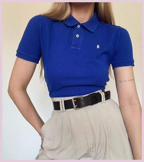 Ralph Lauren Blue Shirt Women Outfit, Lacoste Shirt Women Outfit, Lacoste Outfit Street Styles, Polo Woman Outfit, Work Polo Outfit, Styling A Polo Shirt Women, How To Wear Polo Shirts Women, Fitted Polo Shirt Outfit Women's, Blue Polo Outfit Woman