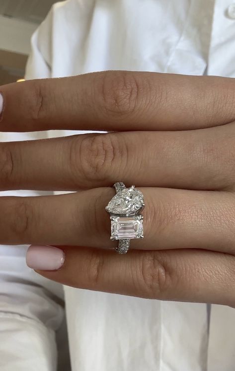 Stunning two-stone ring , pear and emerald cut diamonds Radiant And Pear Engagement Ring, Celeb Engagement Rings, Two Stone Engagement Ring, Pear Cut Ring, Pear Engagement Ring, Stone Engagement Ring, Stone Engagement Rings, Stone Engagement, Emerald Cut Diamonds